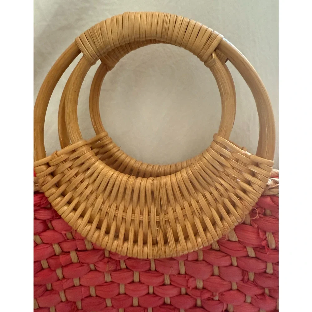 Free People Sophia Straw Tote Red Woven Bamboo Ring Handles Boho Purse Bag EUC